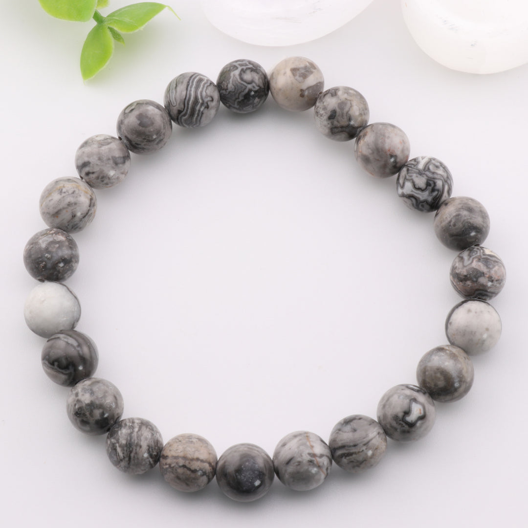 Pulsera de jaspe Picasso/piedra de mapa natural - Sin metal, 8 mm - Joyería de cristal curativo