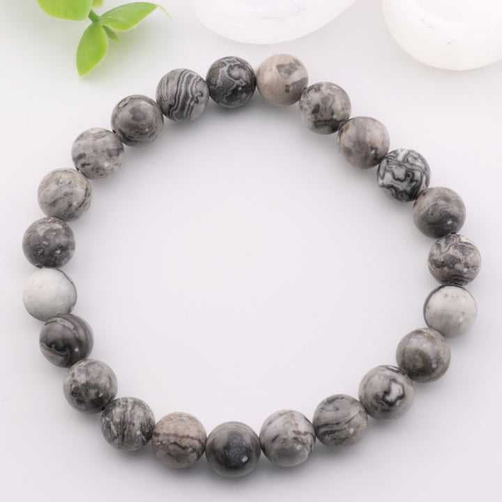 Pulsera de jaspe Picasso/piedra de mapa natural - Sin metal, 8 mm - Joyería de cristal curativo
