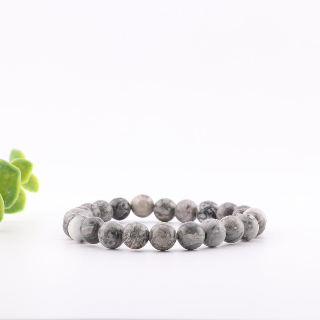 Pulsera de jaspe Picasso/piedra de mapa natural - Sin metal, 8 mm - Joyería de cristal curativo