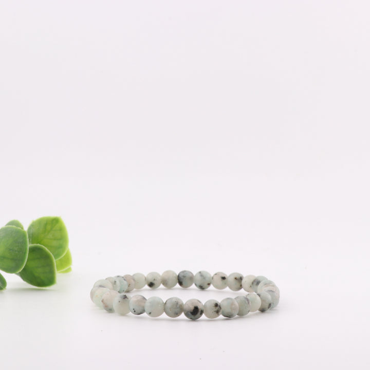 Bracelet artisanal en jaspe sésame et kiwi naturel - Sans métal, 6 mm - Héliotrope, jaspe forêt tropicale