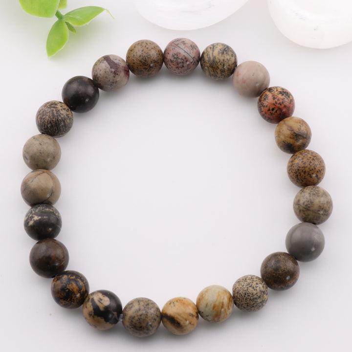 Pulsera de jaspe dendrítico natural (sin metal, 8 mm) - Joyería única con piedras curativas