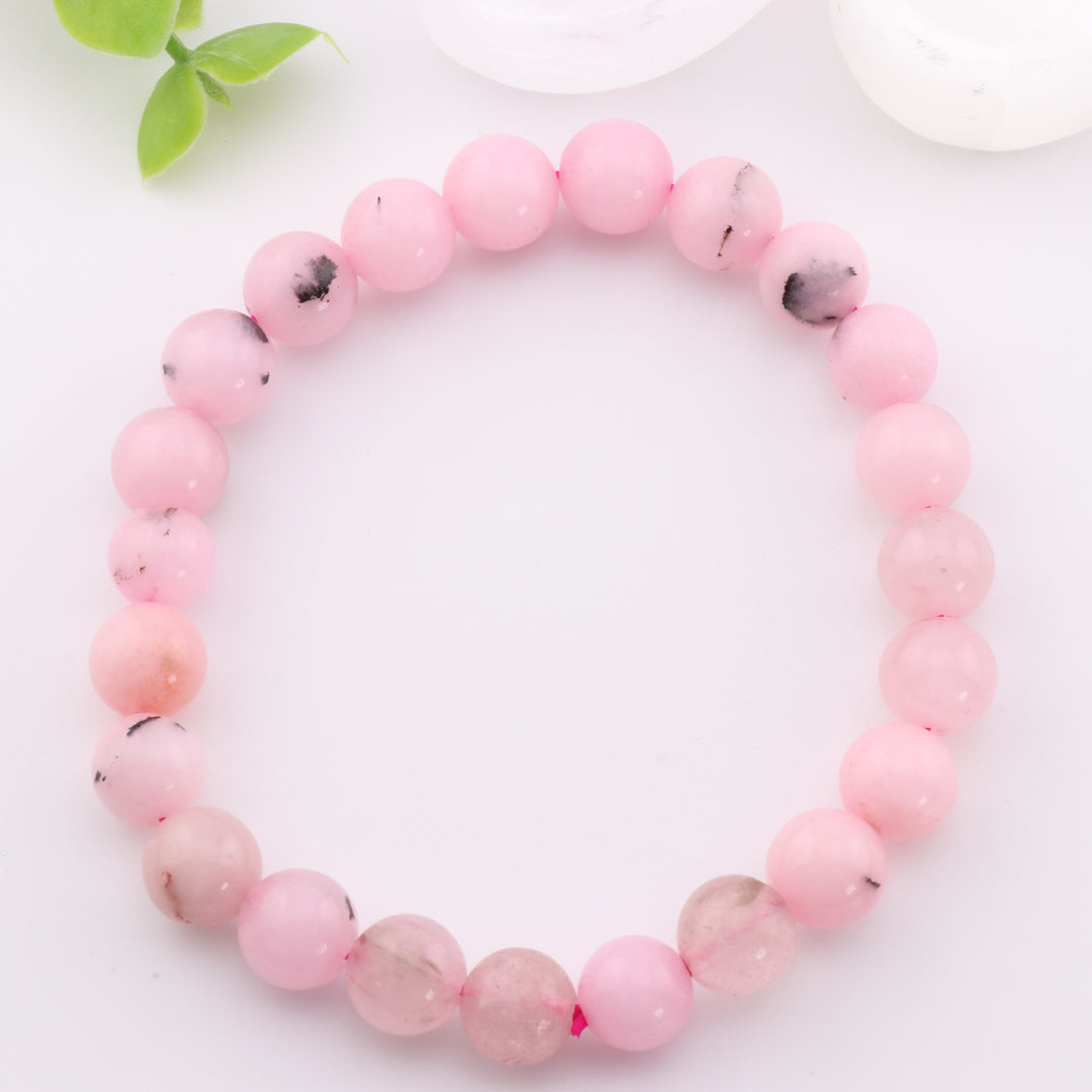 Pulsera de jaspe de flor de ciruelo natural - Sin metal, 8 mm - Joyería de cristal única