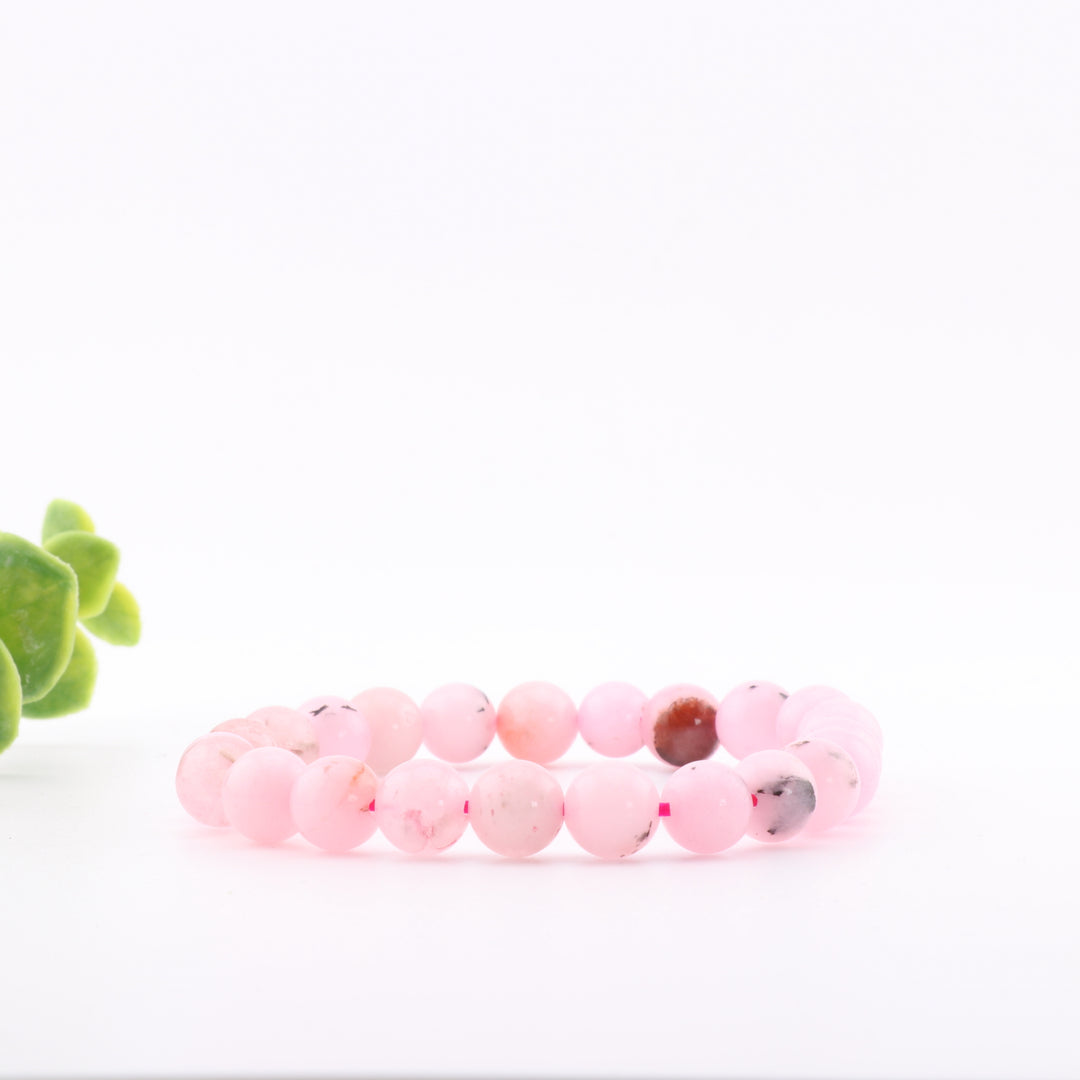 Pulsera de jaspe de flor de ciruelo natural - Sin metal, 8 mm - Joyería de cristal única