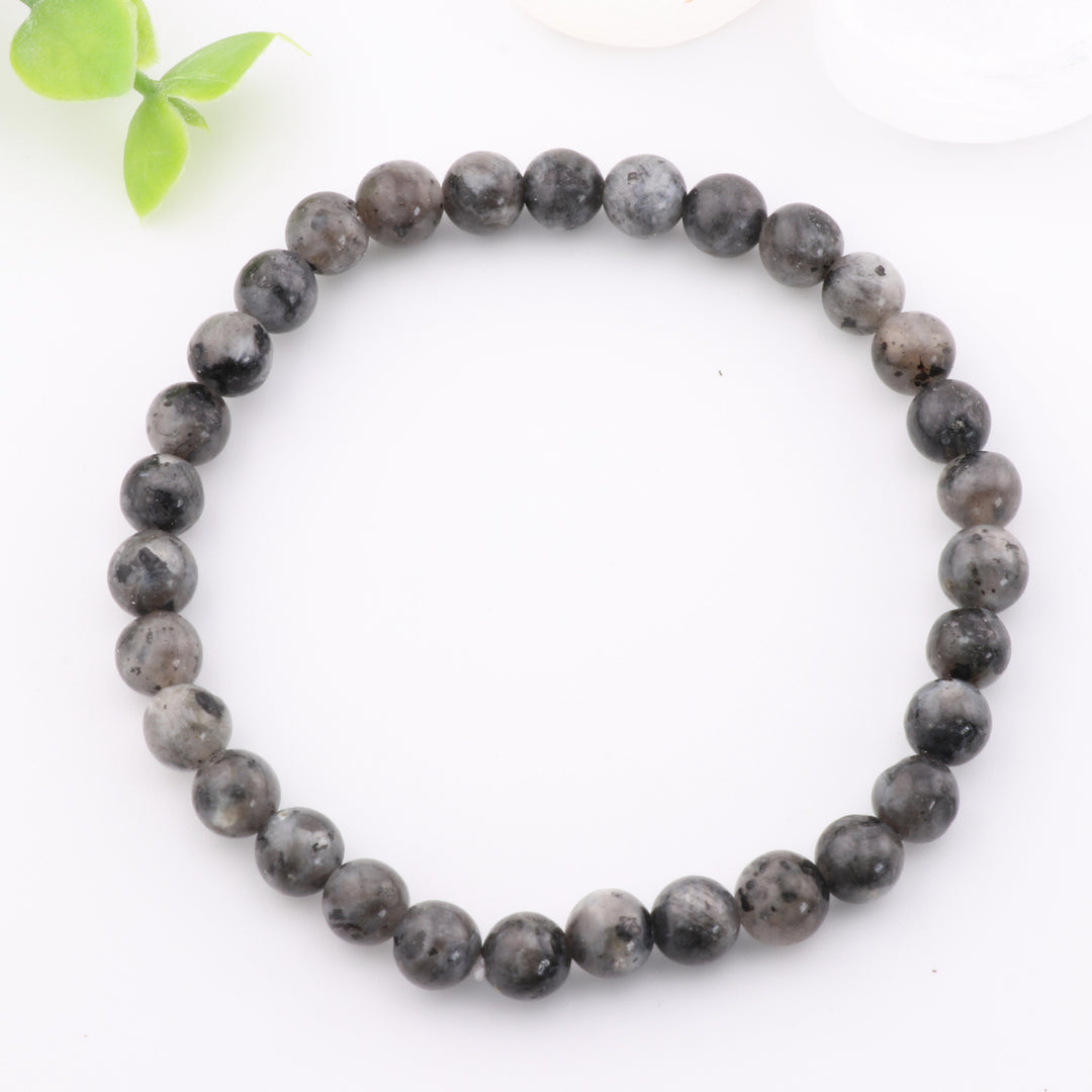 Pulsera de larvikita natural, sin metal, 6 mm - Tonos tierra únicos
