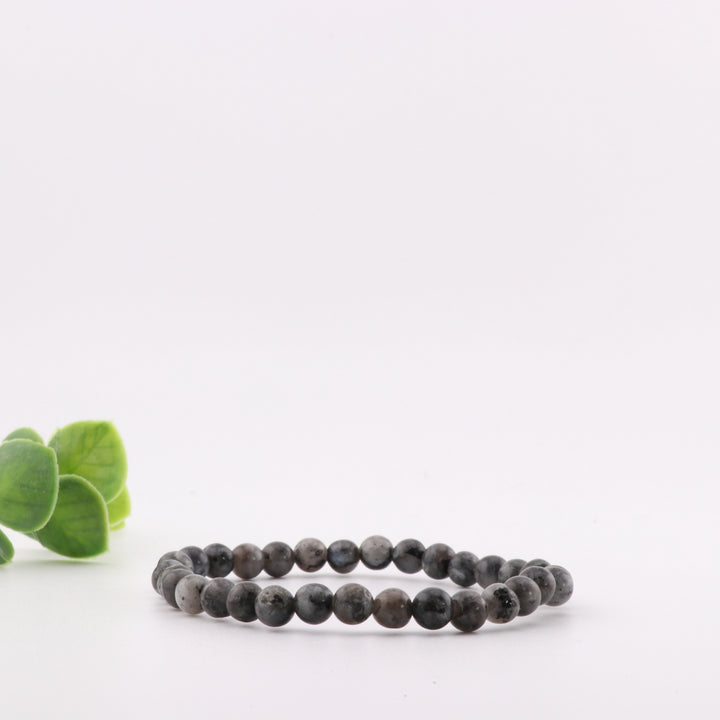 Pulsera de larvikita natural, sin metal, 6 mm - Tonos tierra únicos