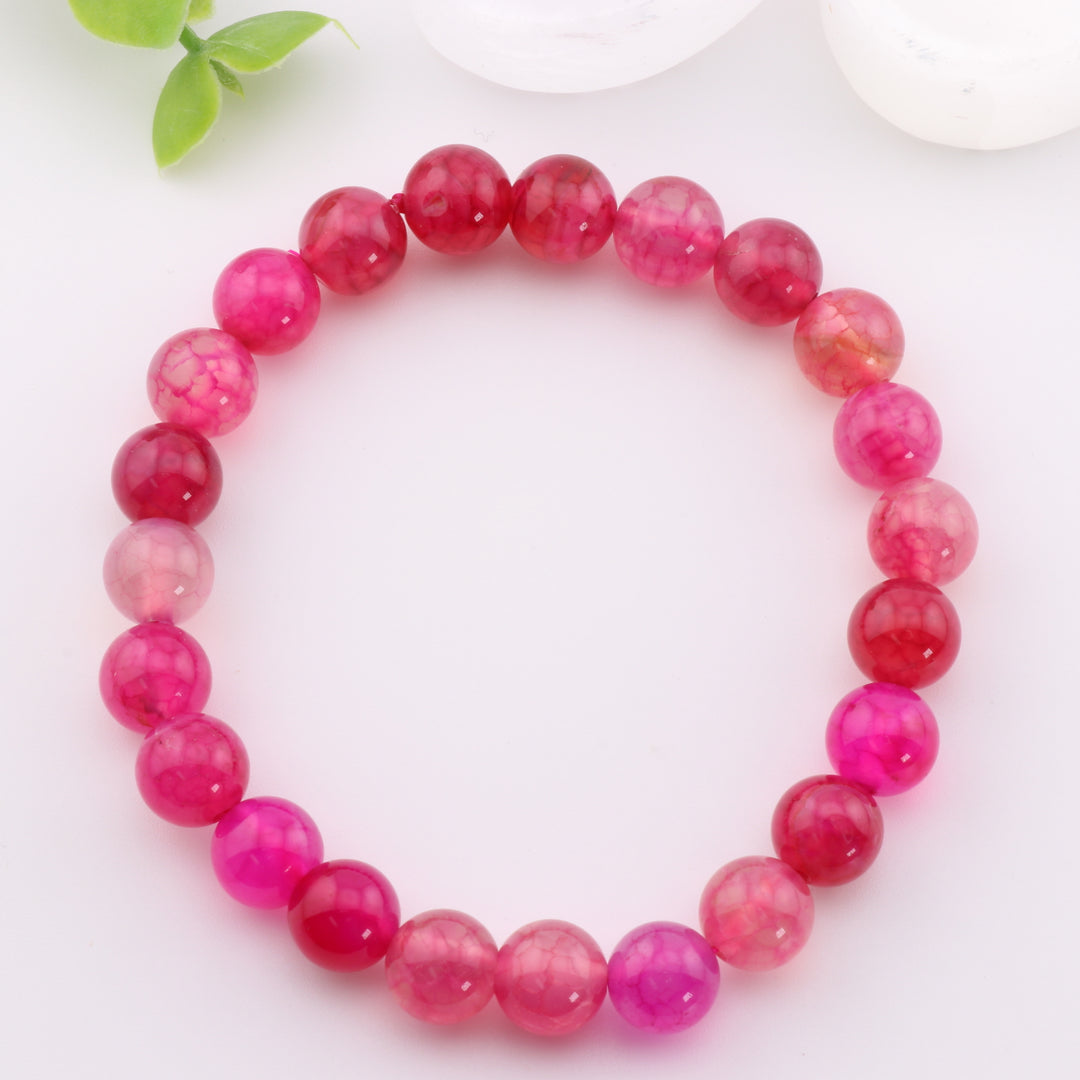 Pulsera de ágata rosa teñida natural - Sin metal, 8 mm - Joyería con piedras preciosas de color rosa