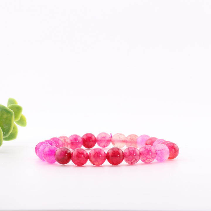 Pulsera de ágata rosa teñida natural - Sin metal, 8 mm - Joyería con piedras preciosas de color rosa