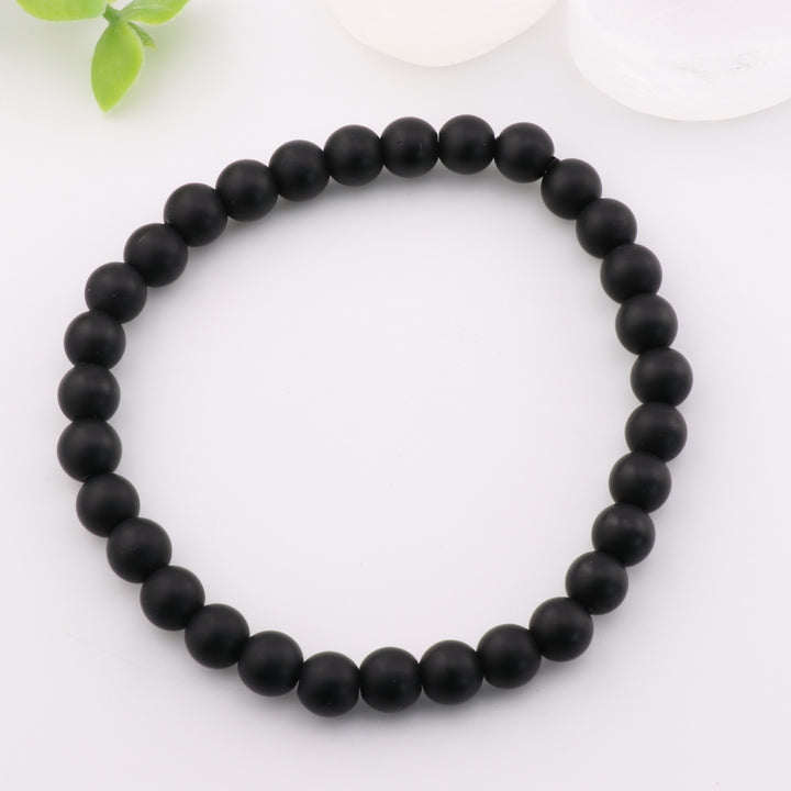 Bracelet en pierre noire naturelle/onyx noir givré - Sans métal, 6 mm - Bijoux en cristal de guérison