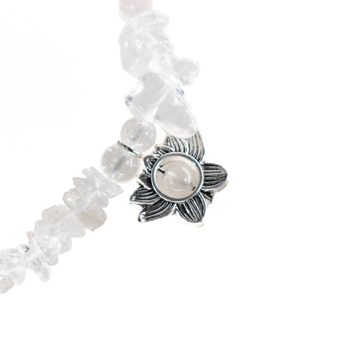 Natural Clear Quartz Chip Stone Bracelet with Lotus Charm – Metal-Free, 5-8mm