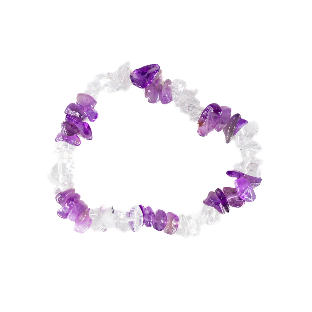 Natural Amethyst & Clear Quartz Chip Stone Bracelet – Metal-Free, 5-8mm