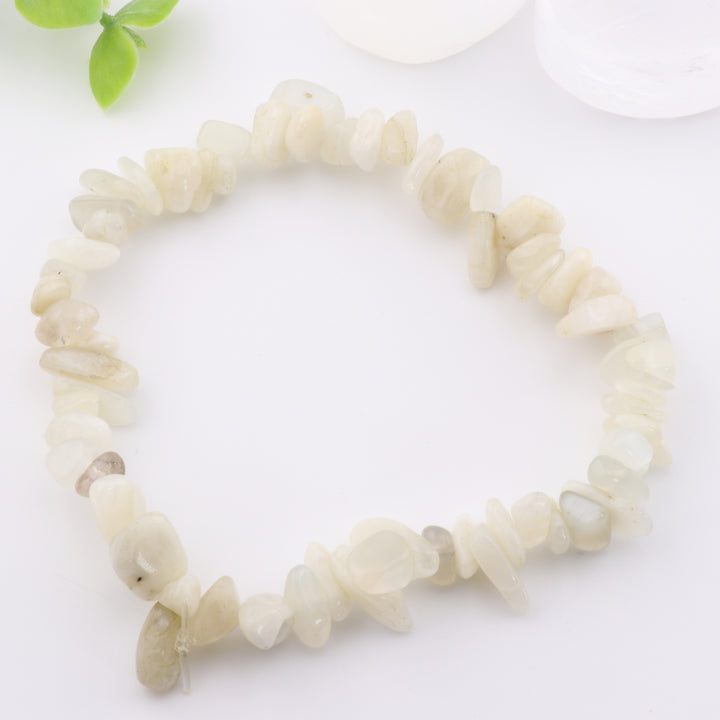 Pulsera de piedra lunar natural en chips (sin metal, cuentas de 5-8 mm)