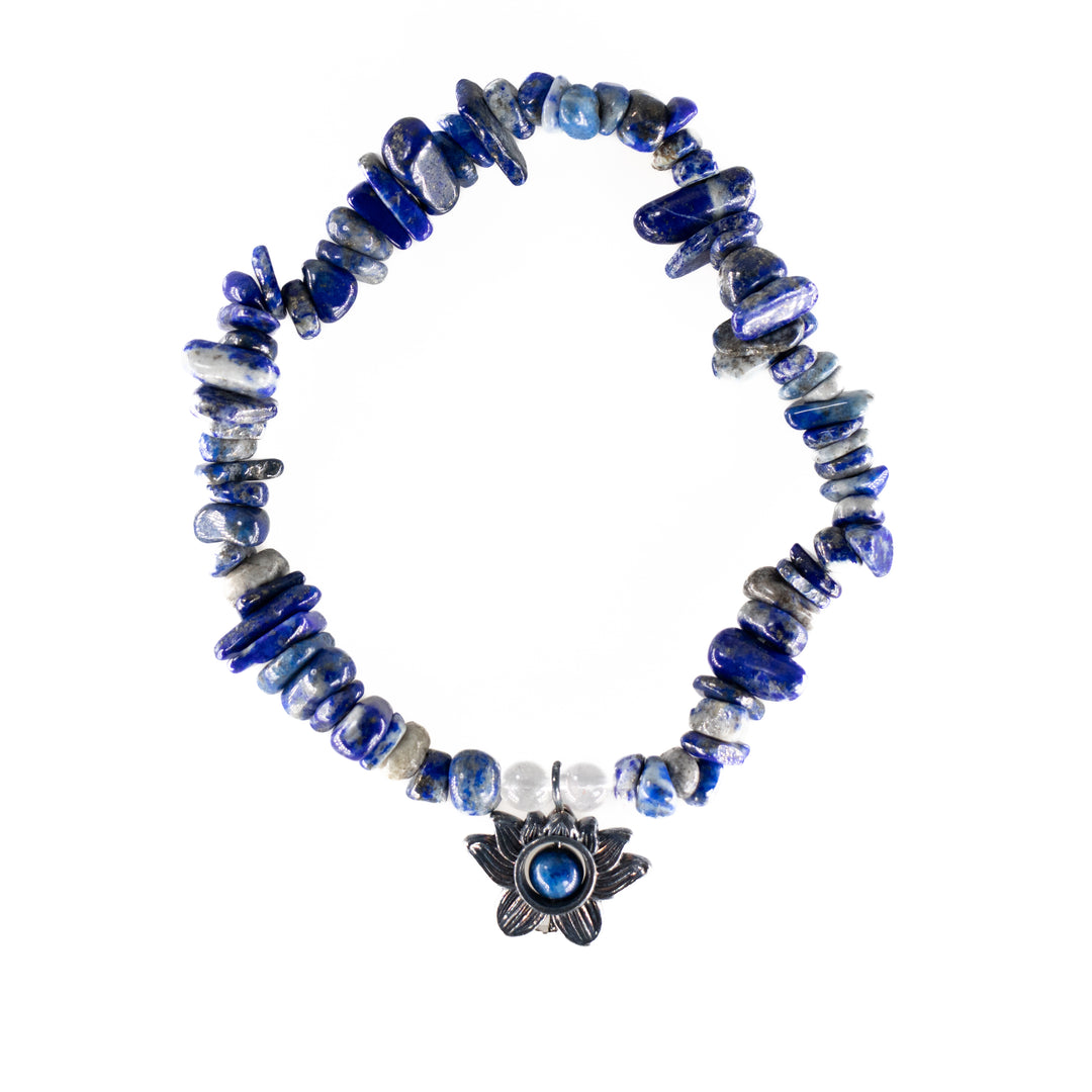 Natural Lapis Lazuli Chip Stone Bracelet with Lotus Charm – Metal-Free, 5-8mm