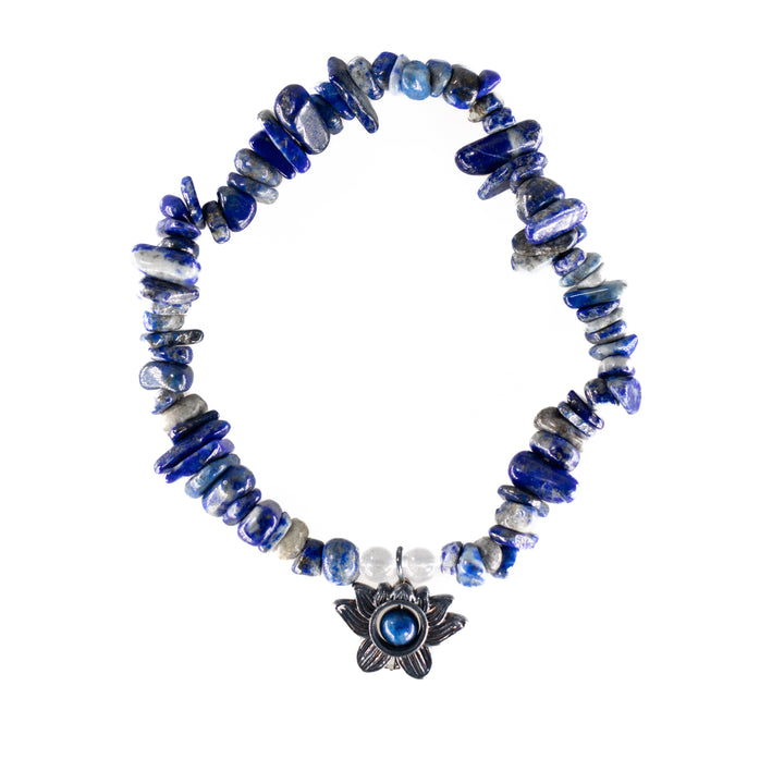Natural Lapis Lazuli Chip Stone Bracelet with Lotus Charm – Metal-Free, 5-8mm