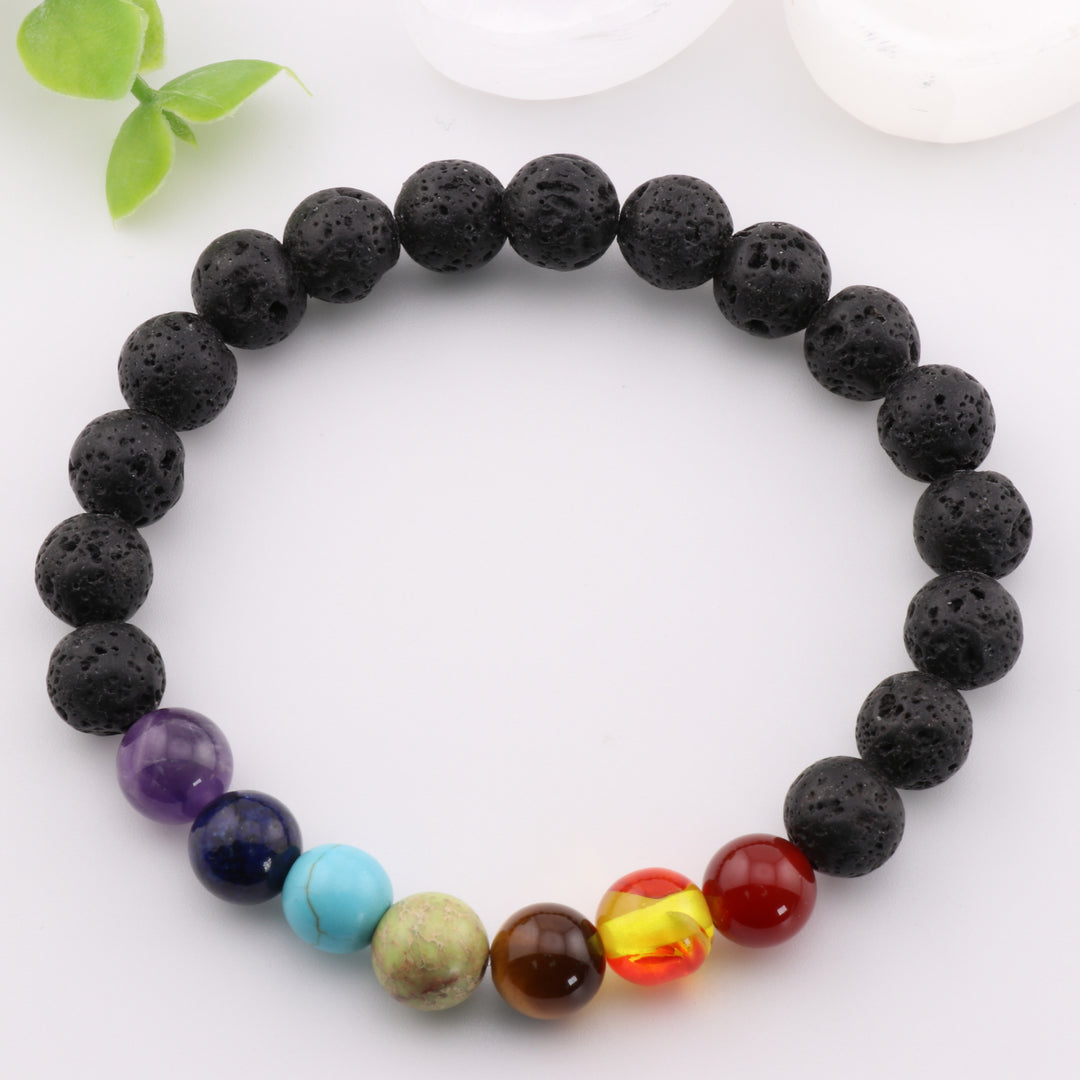 Pulsera de piedra volcánica natural y chakras - Sin metal, 8 mm - Pulsera para equilibrar los chakras