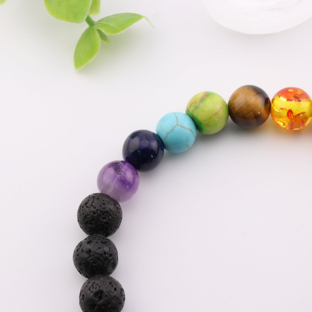 Pulsera de piedra volcánica natural y chakras - Sin metal, 8 mm - Pulsera para equilibrar los chakras