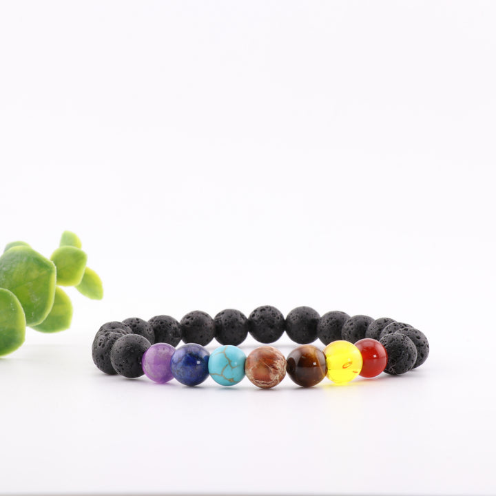 Pulsera de piedra volcánica natural y chakras - Sin metal, 8 mm - Pulsera para equilibrar los chakras