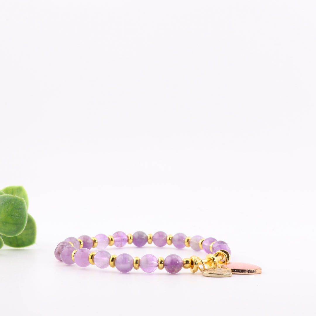Pulsera de amatista natural con dije de corazón - Cuentas de 6 mm, accesorio versátil de moda