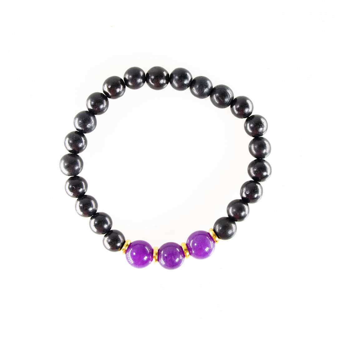 Natural Black Wood with Amethyst Gemstone Bracelet, 8mm