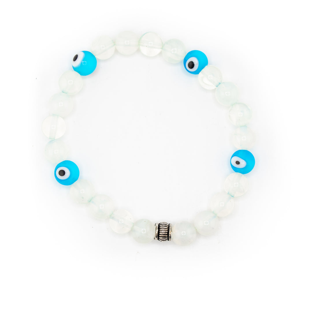 Pulsera de ojo malvado de cuarzo transparente natural y lampwork (perlas de 8 mm) - Crystal Healing
