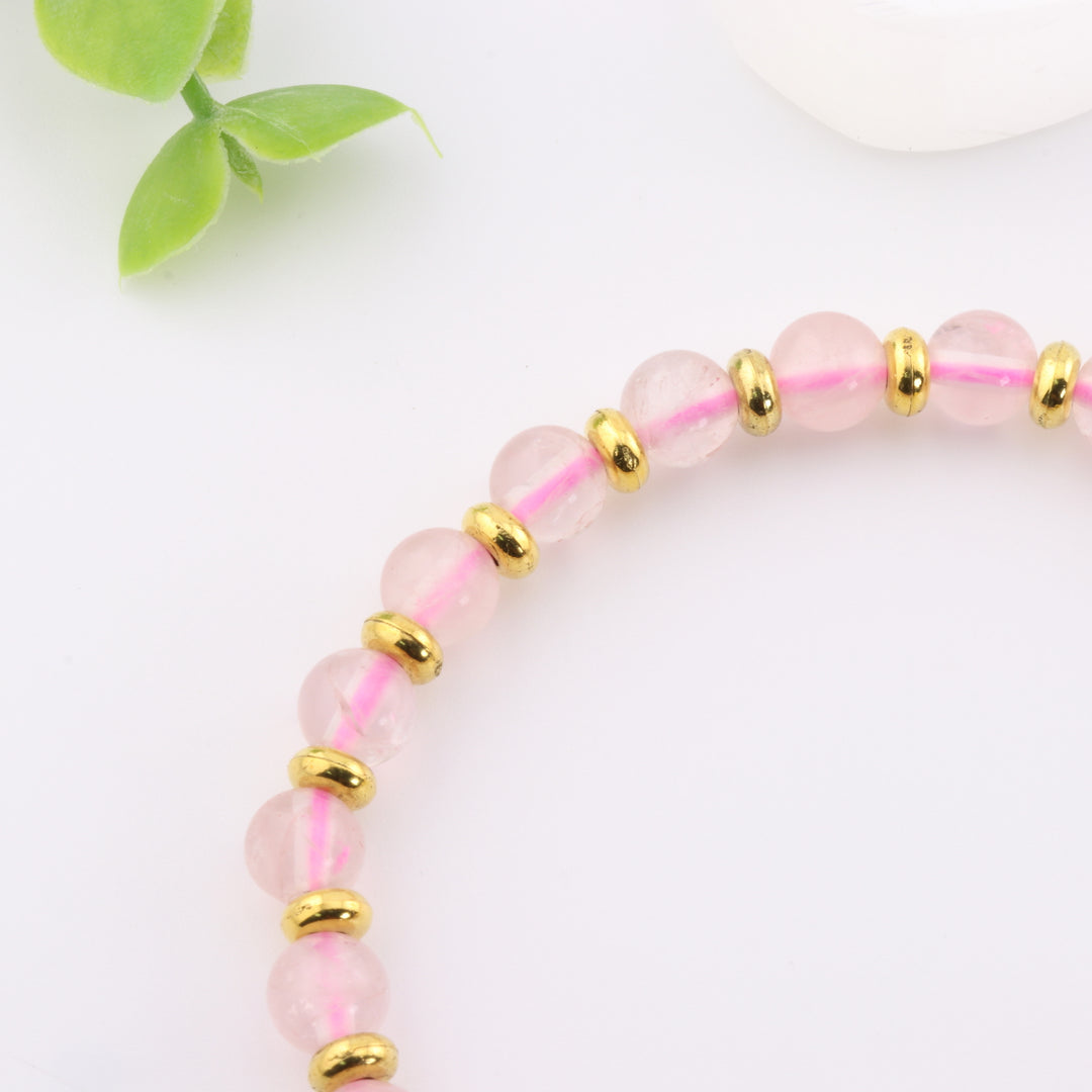 Pulsera de cuarzo rosa natural y corazón dorado – Cuentas artesanales de 6 mm, Amor y Armonía