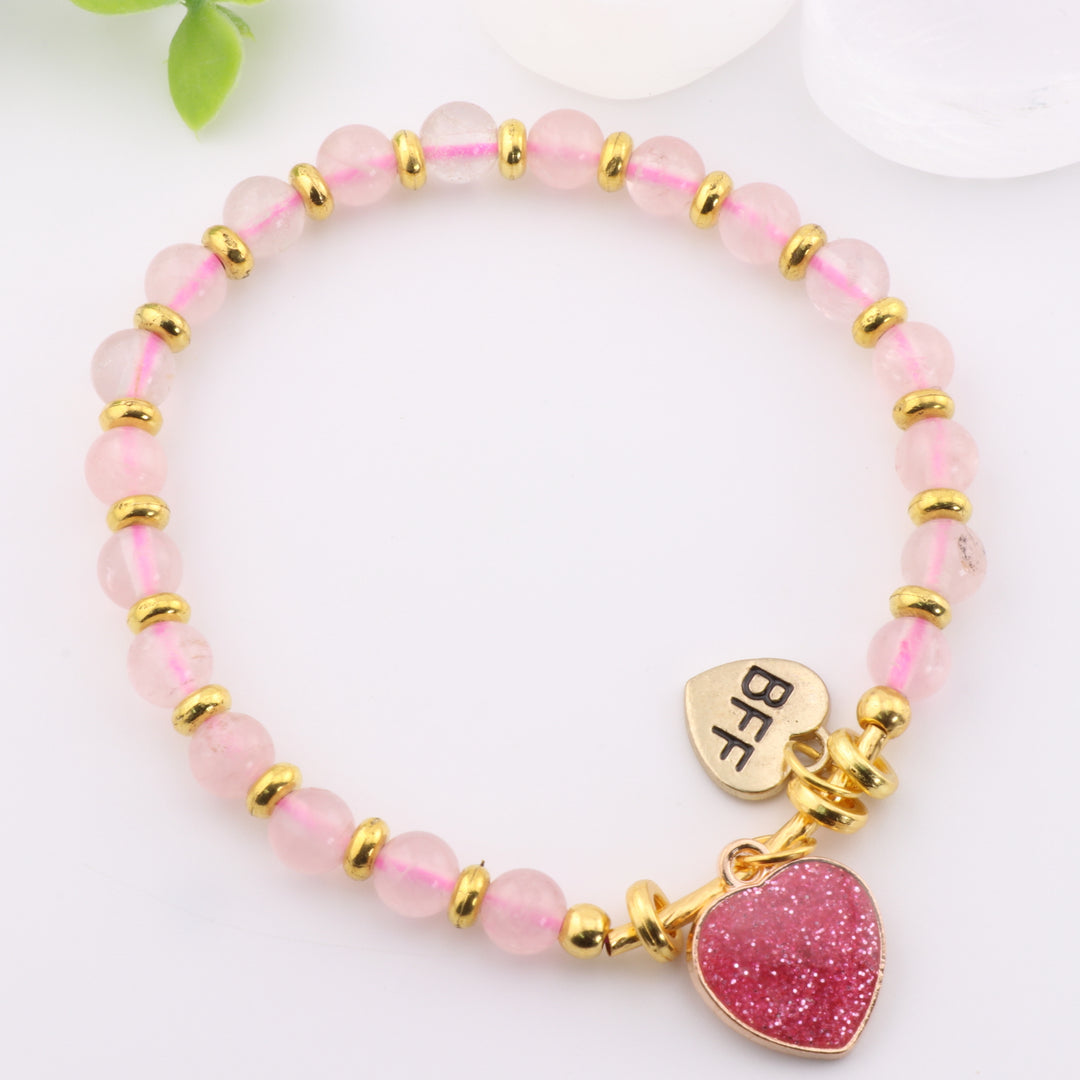 Pulsera de cuarzo rosa natural y corazón dorado – Cuentas artesanales de 6 mm, Amor y Armonía