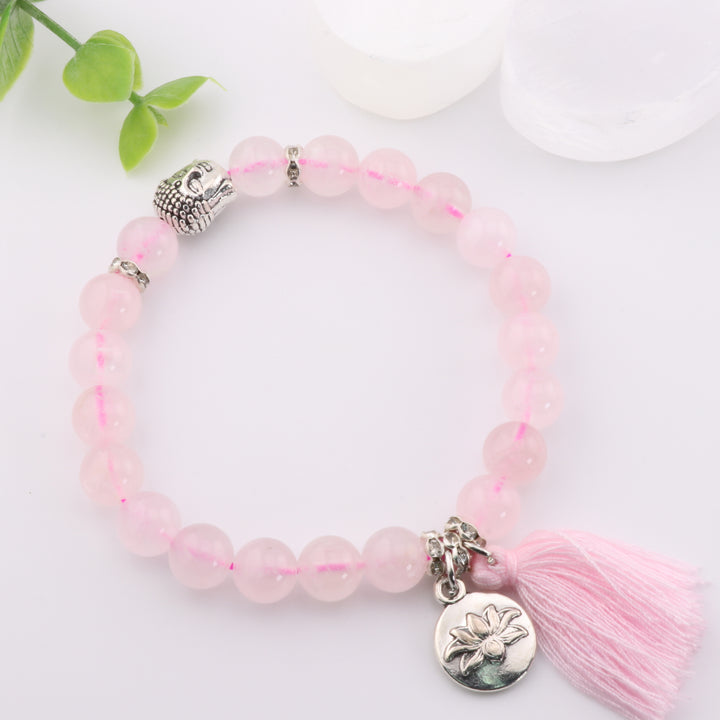 Pulsera de cuarzo rosa natural con borlas de aleación de loto y cabeza de Buda, 8 mm