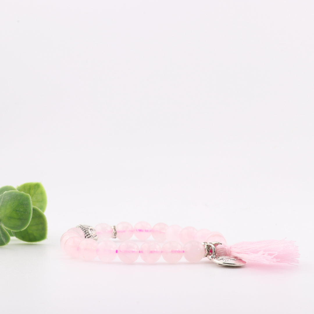Pulsera de cuarzo rosa natural con borlas de aleación de loto y cabeza de Buda, 8 mm