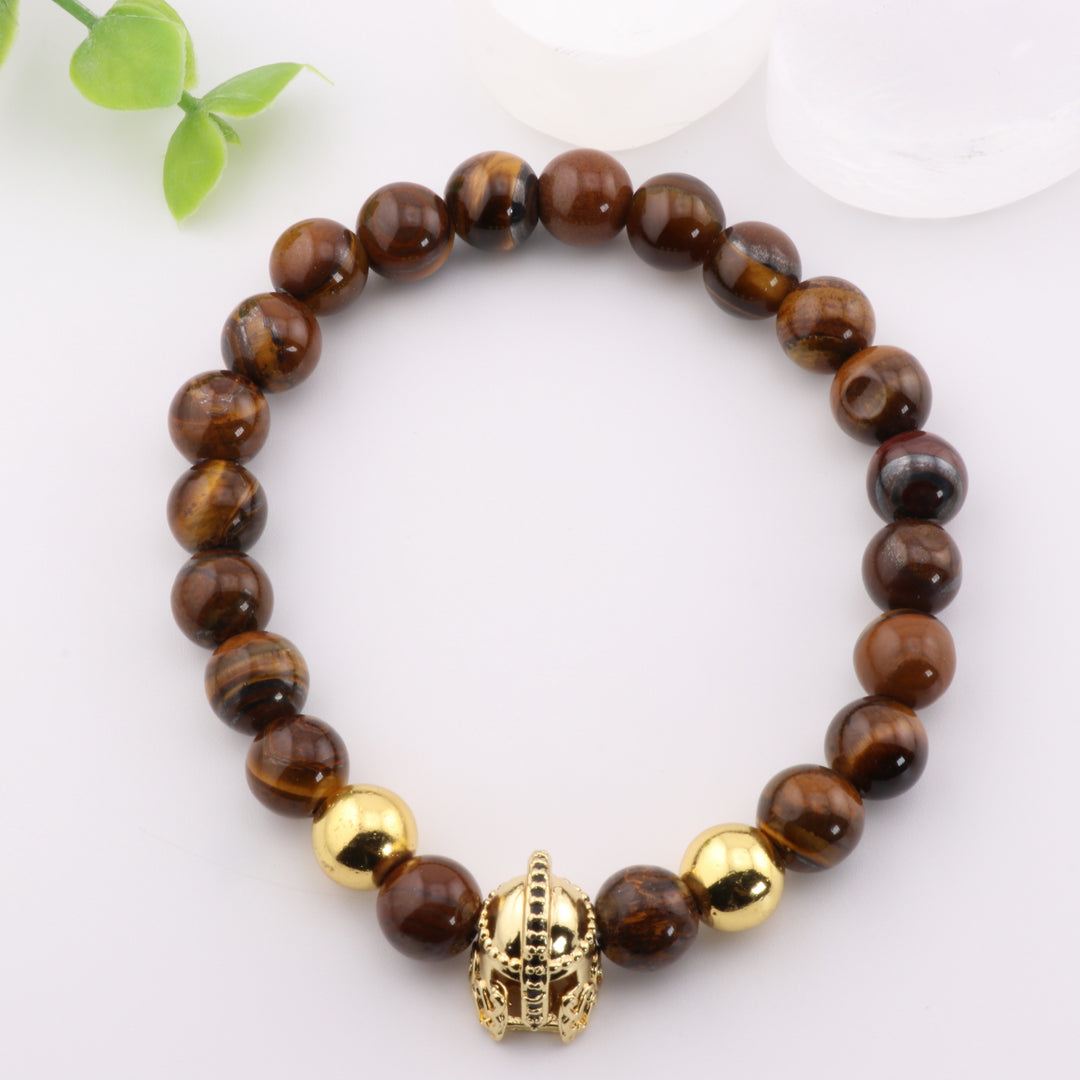 Pulsera de ojo de tigre natural - Dije de casco antiguo en tono dorado, cuentas de 8 mm - Armonía y equilibrio