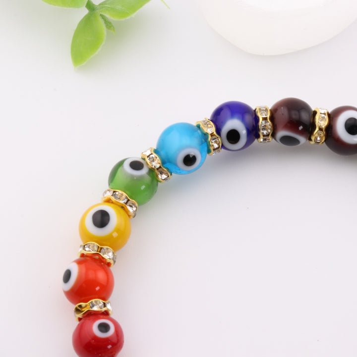Pulsera de protección contra el mal de ojo - Nazar - Cuentas de lampwork multicolor y dije de Hamsa, dorada, 8 mm