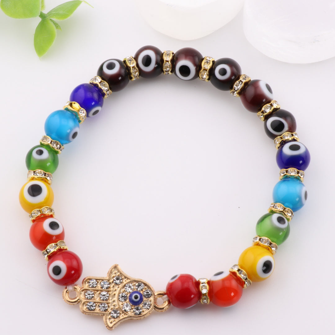 Pulsera de protección contra el mal de ojo - Nazar - Cuentas de lampwork multicolor y dije de Hamsa, dorada, 8 mm
