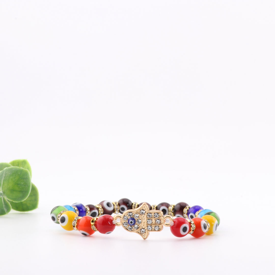 Pulsera de protección contra el mal de ojo - Nazar - Cuentas de lampwork multicolor y dije de Hamsa, dorada, 8 mm