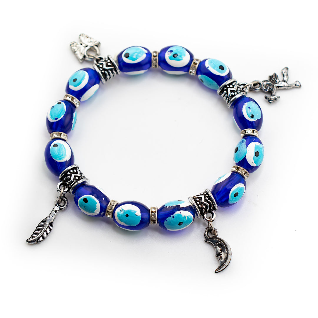 Bracelet de protection Nazar - Mauvais œil - Argenté avec perles et breloques en plastique teinté, 8 mm