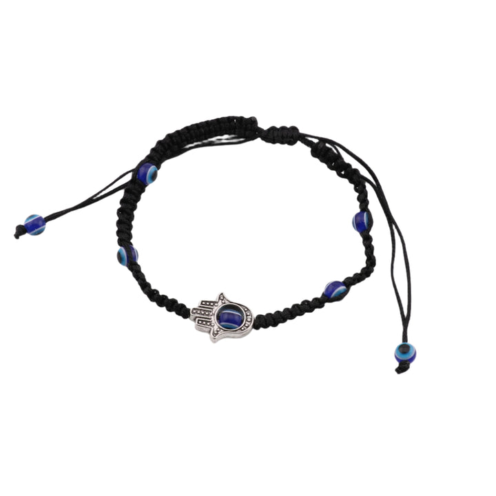 Bracelet tressé noir avec breloque mauvais œil et main de Fatima - Design ajustable, perles de 4 mm - Nazar, main de Fatima
