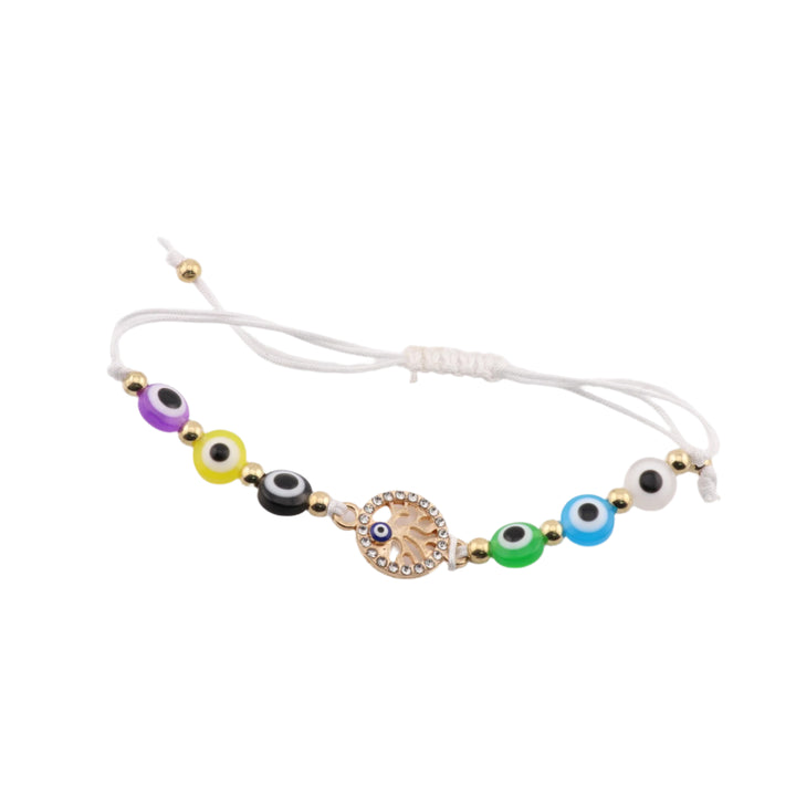 Bracelet tressé avec perles de verre multicolores « mauvais œil » et breloque arbre de vie dorée – Tresse réglable, 8 mm