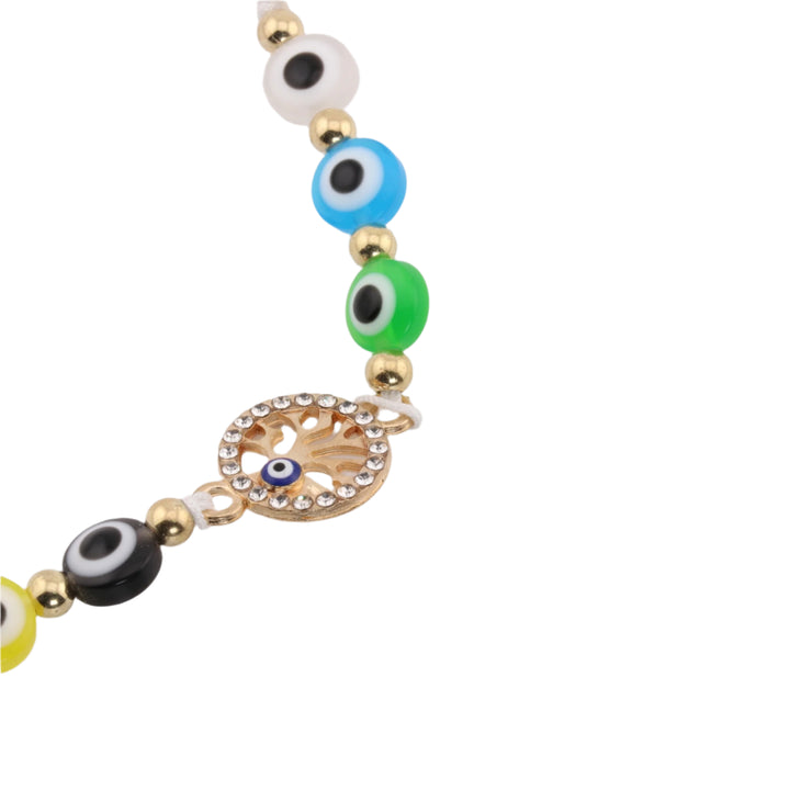 Bracelet tressé avec perles de verre multicolores « mauvais œil » et breloque arbre de vie dorée – Tresse réglable, 8 mm