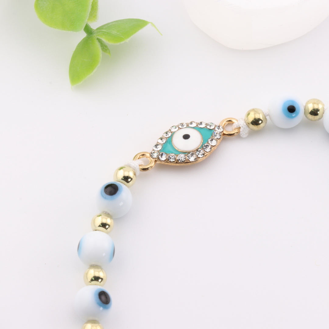 Bracelet tressé à breloques contre le mauvais œil avec perles de verre blanches scintillantes, design réglable, 6 mm