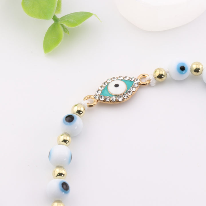 Bracelet tressé à breloques contre le mauvais œil avec perles de verre blanches scintillantes, design réglable, 6 mm