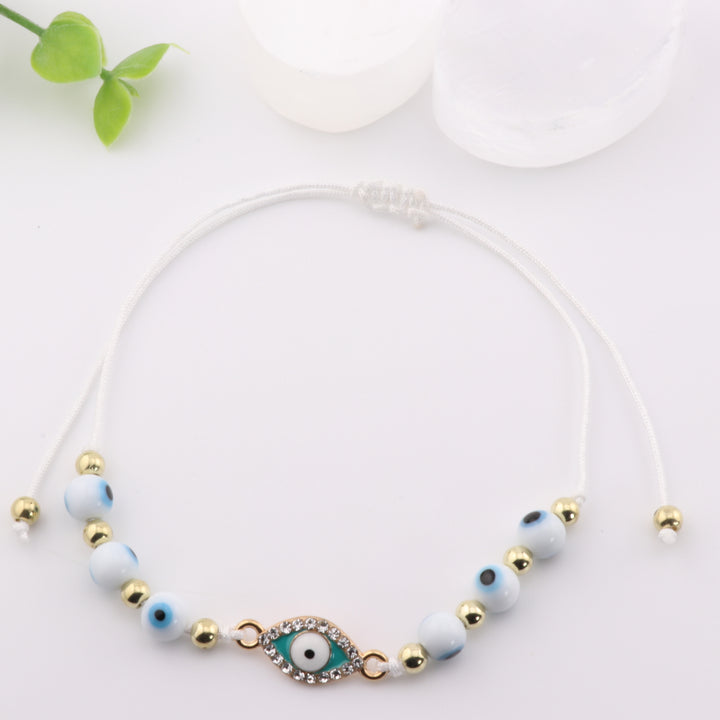 Bracelet tressé à breloques contre le mauvais œil avec perles de verre blanches scintillantes, design réglable, 6 mm