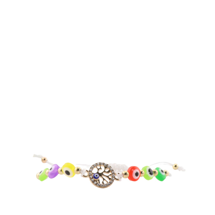 Bracelet tressé avec perles de verre multicolores « mauvais œil » et breloque arbre de vie dorée – Tresse réglable, 8 mm