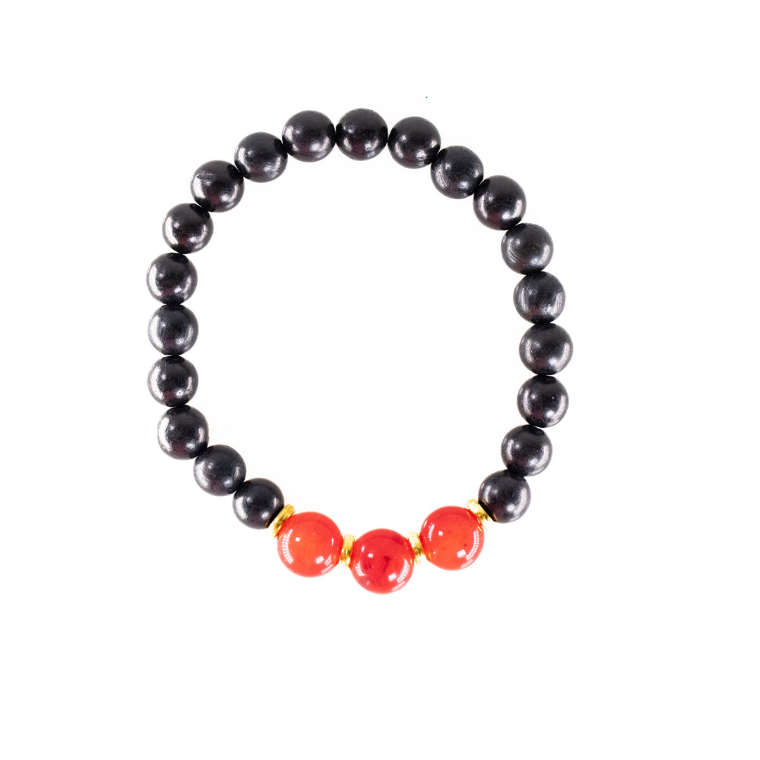 Natural Black Wood with Carnelian Gemstone Bracelet, 8mm