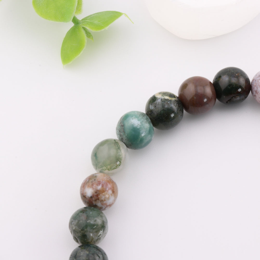 Pulsera de ágata india natural y chakras – Cuentas de oro de 8 mm, dije con símbolo Omm | Joyería de cristaloterapia