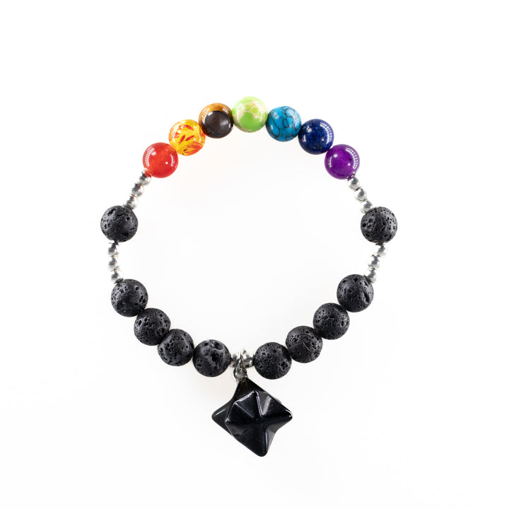 Pulsera de piedra volcánica natural y chakras con dije de Merkaba, 8 mm - Pulsera para equilibrar los chakras
