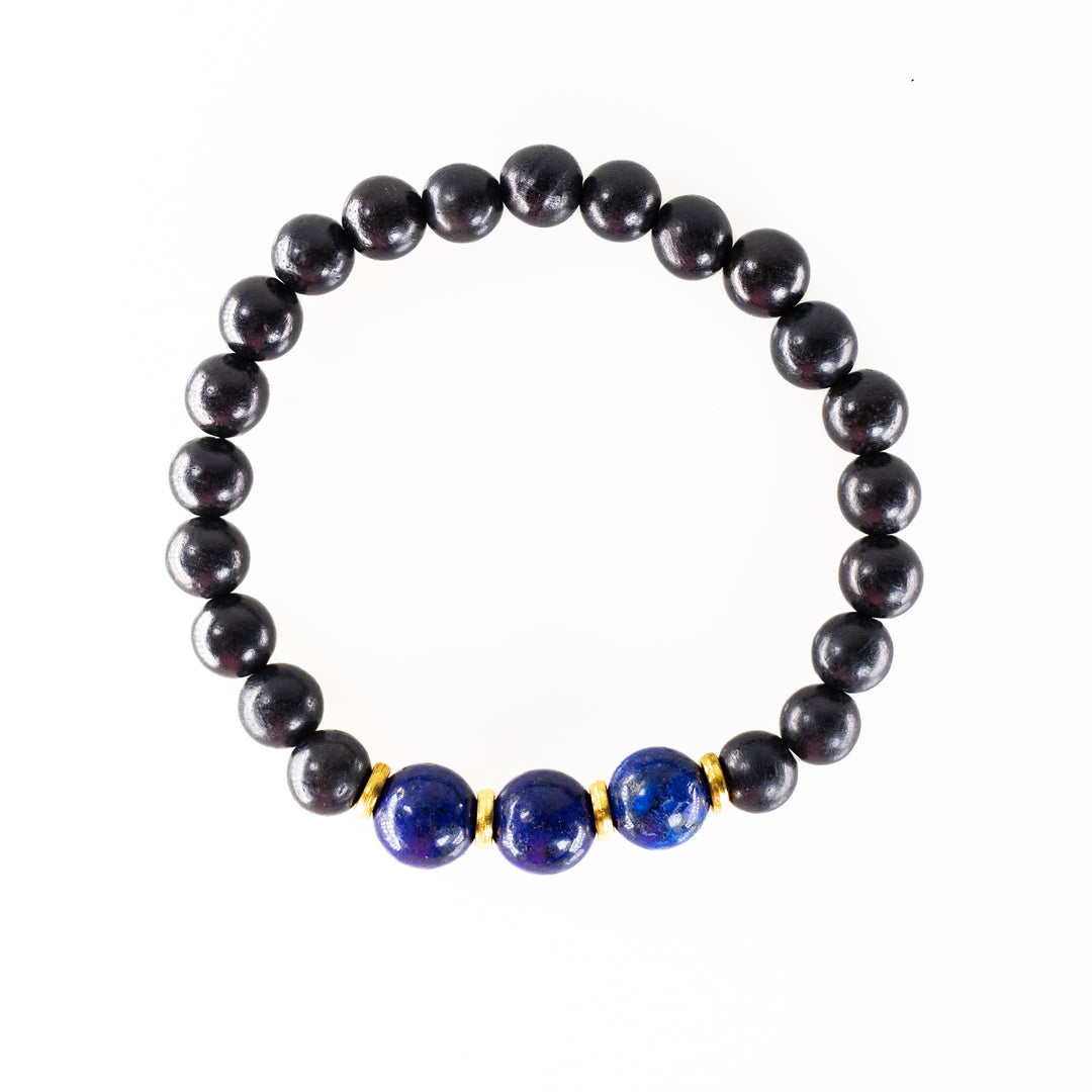 Natural Black Wood with Lapis Lazuli Gemstone Bracelet, 8mm