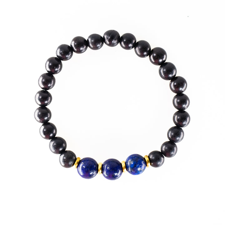 Natural Black Wood with Lapis Lazuli Gemstone Bracelet, 8mm