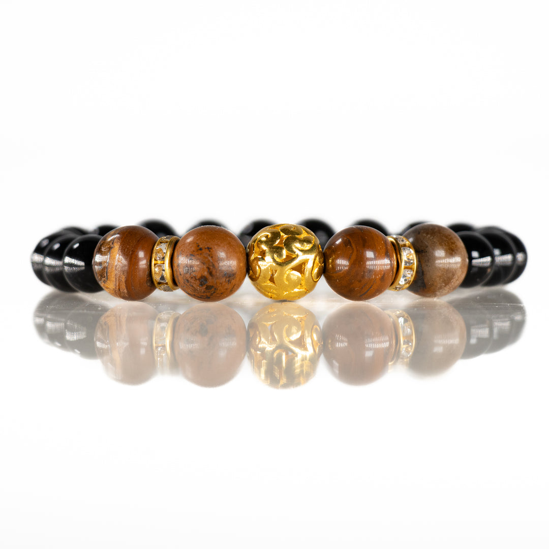Natural Black Onyx with Tiger Eye Gemstone Bracelet with Gold Charm - 8mm