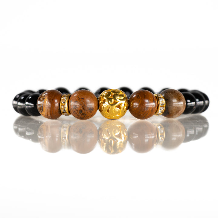 Natural Black Onyx with Tiger Eye Gemstone Bracelet with Gold Charm - 8mm