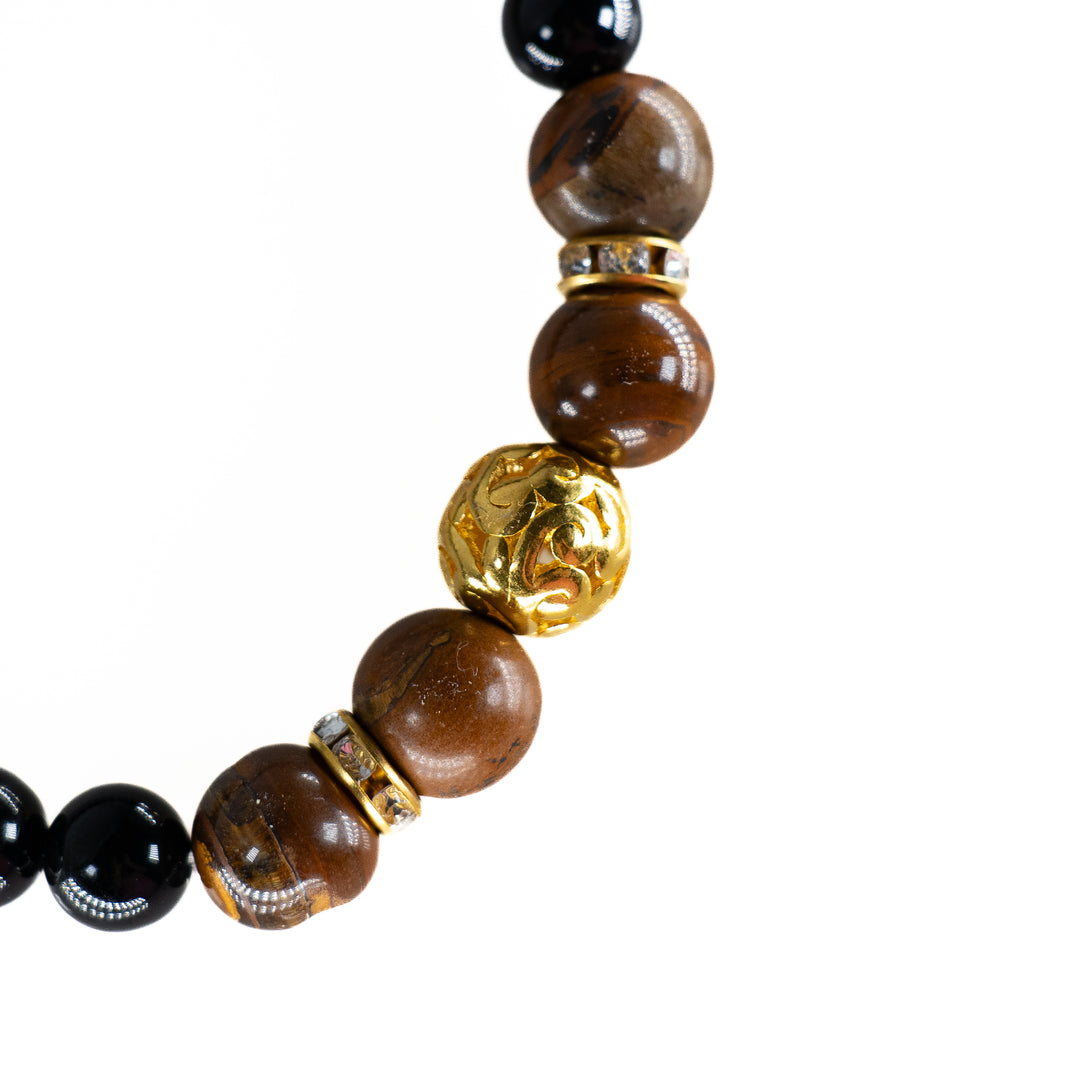 Natural Black Onyx with Tiger Eye Gemstone Bracelet with Gold Charm - 8mm