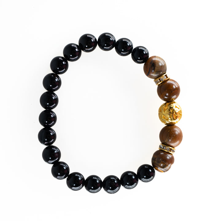 Natural Black Onyx with Tiger Eye Gemstone Bracelet with Gold Charm - 8mm