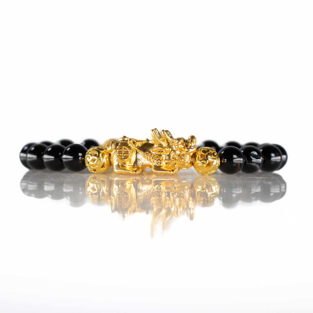 Natural Black Onyx Gemstone Bracelet, 8mm - with Gold Tiger Charm