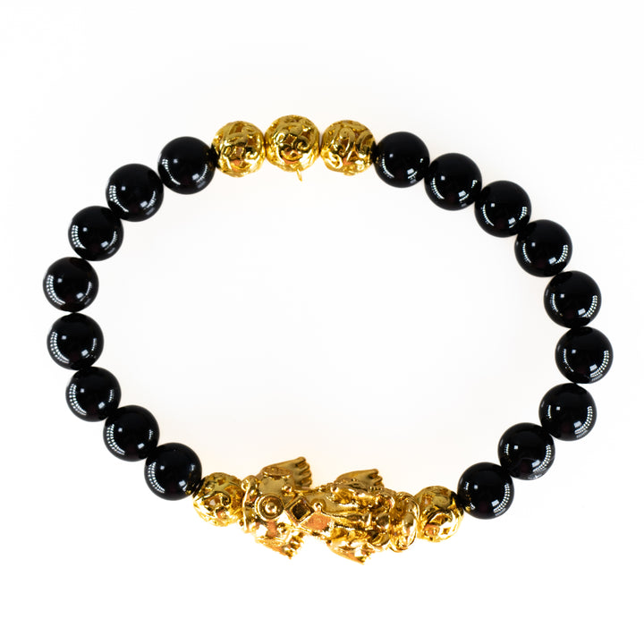 Natural Black Onyx Gemstone Bracelet, 8mm - with Gold Tiger Charm